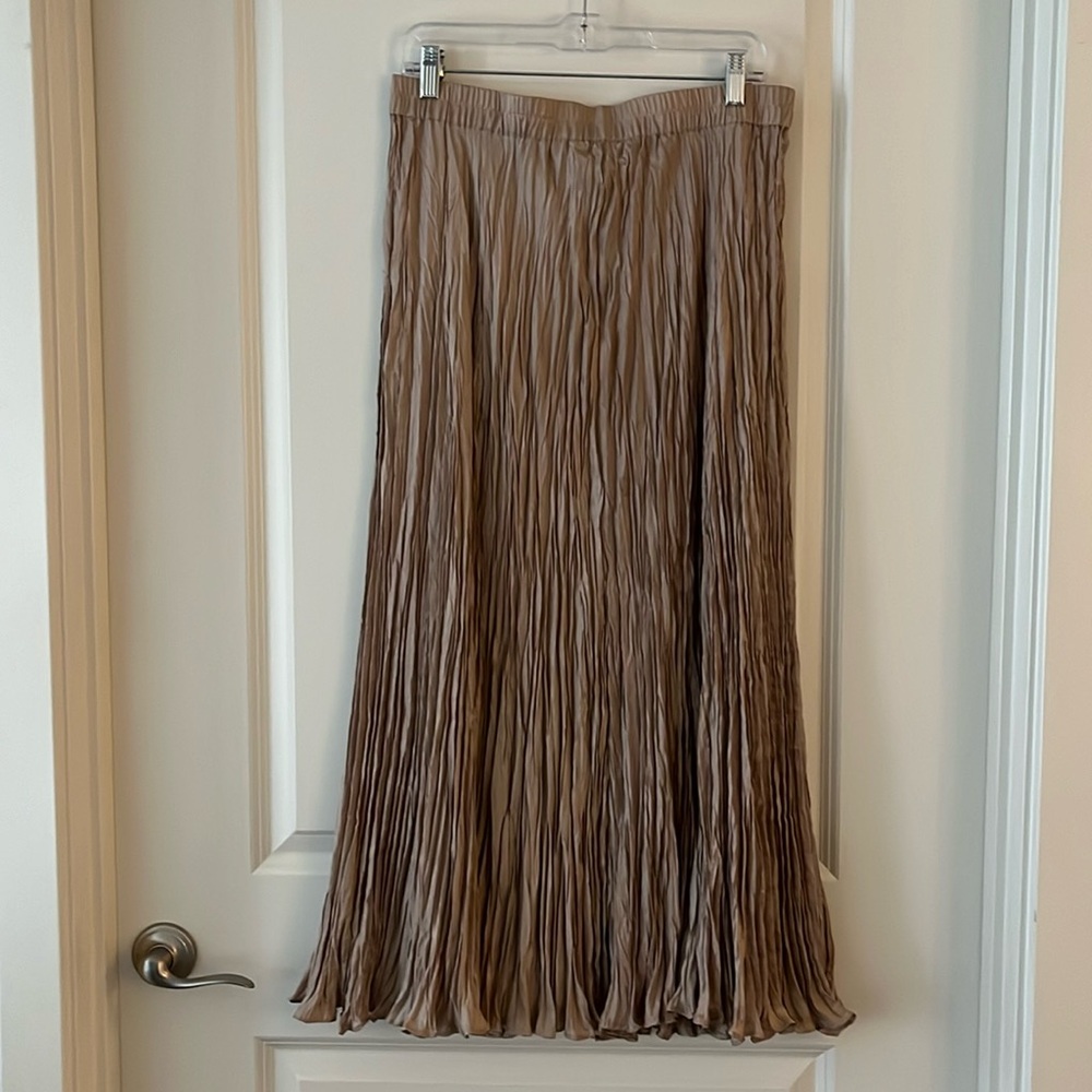 100% Silk Champagne Gold Crinkle Pleated Maxi Skirt